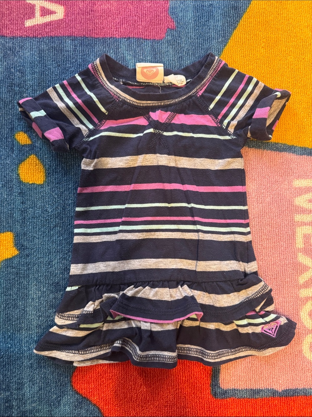 Roxy Girls Navy Striped Ruffle Hem Dress with Pink & Mint